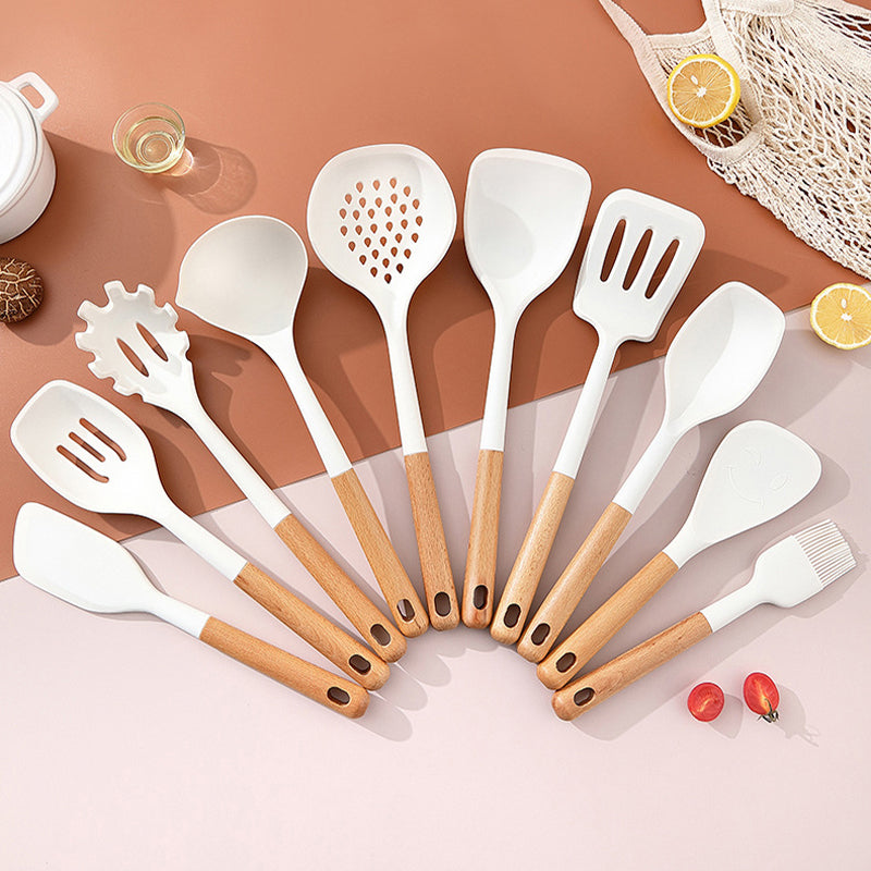 Beech Handle Silicone Kitchen Set - Food Grade Non-Stick Cooking Utensils (Set of 10)