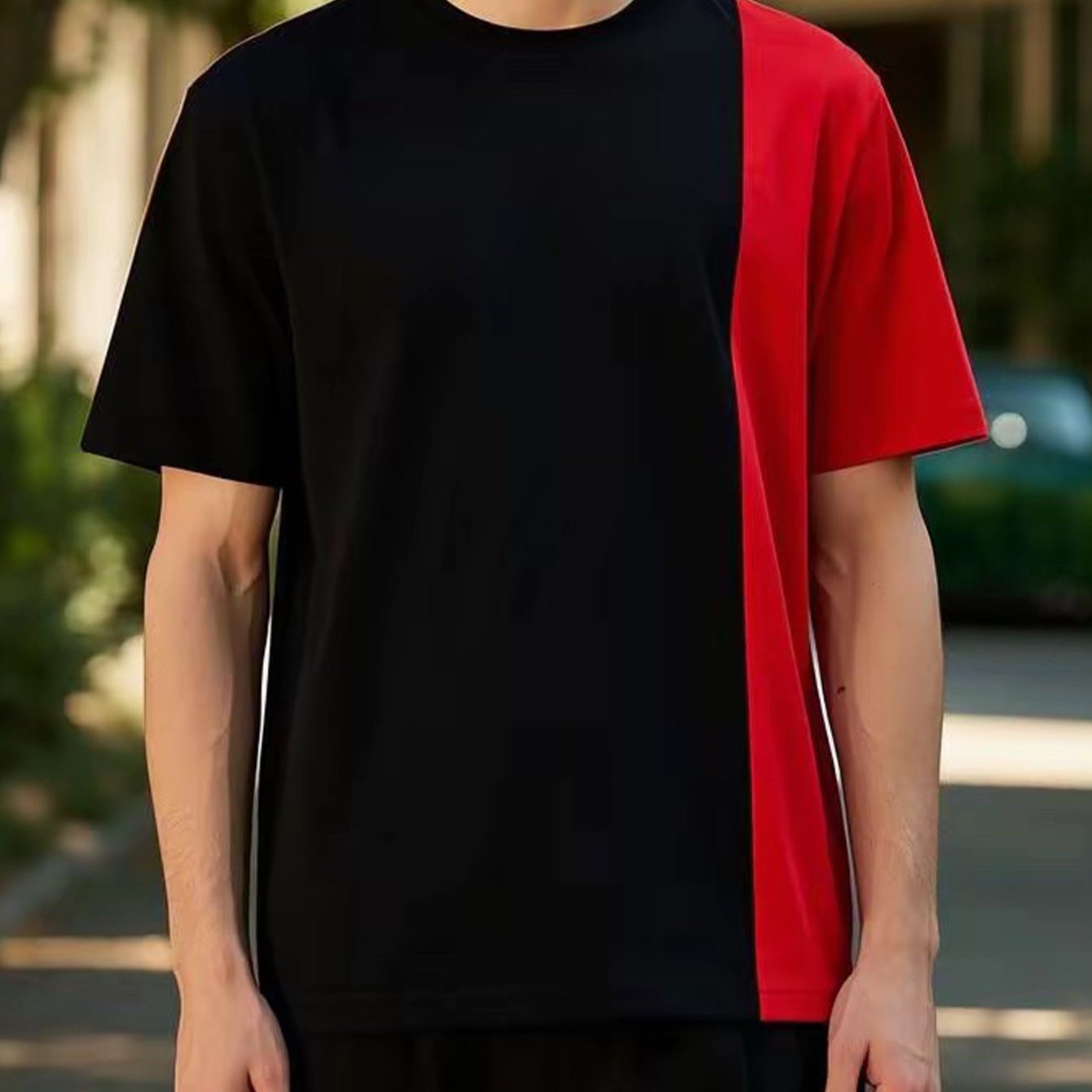 TEMU Men'- Block Cotton T-shirt - Casual Hip Hop Style, Loose Fit, Round Neck, , Summer Streetwear, Machine Washable, Hip Hop Apparel | Street Style