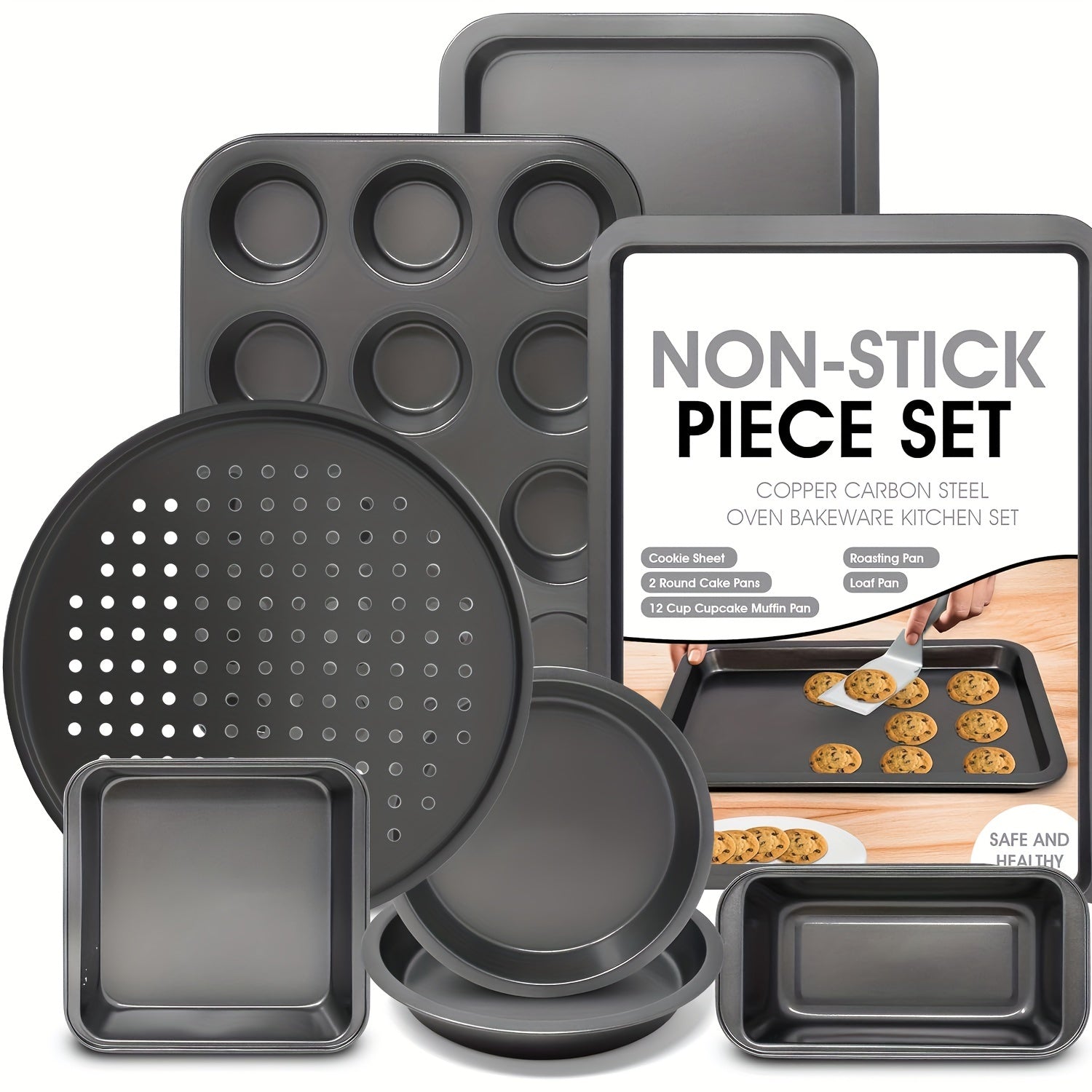 TEMU 4-6-8pcs Bakeware Pan Set, Nonstick Cookie Sheet, 2 Round Cake Pans, Square Pan, Bread Pan, Baking Pan, Pizza Pan, Cookie Sheet, 12 Cup Muffin