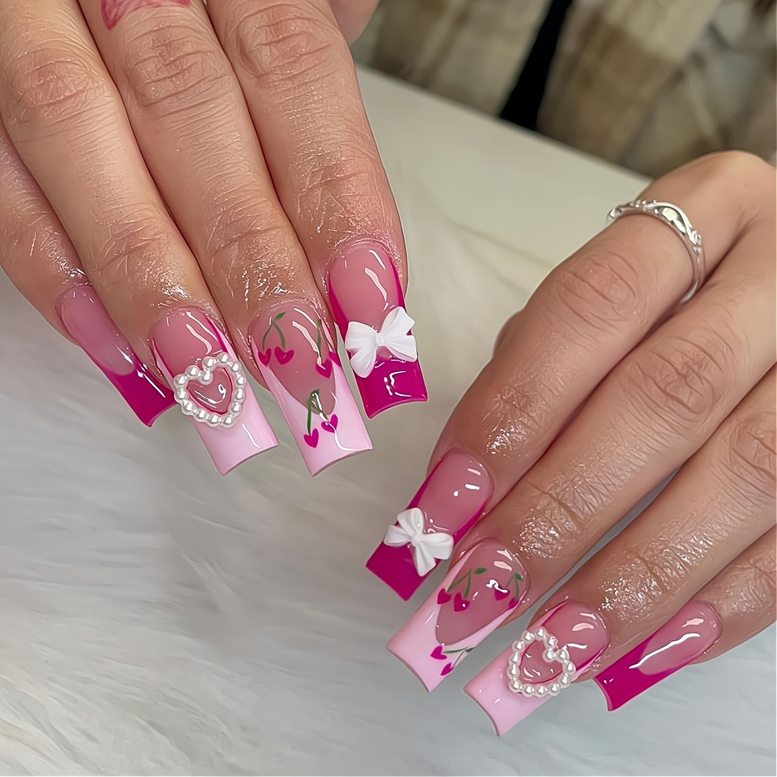 TEMU 24pcs Medium Rectangle Press-on Nails - Pink French Cherry Design With 3d Love Bows, Hearts & Floral Accents, Glossy Reusable Fake Nails For