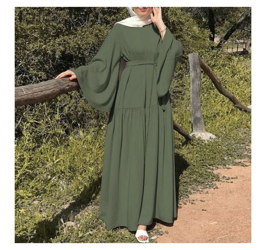 (230) New Solid Color Loose Pullover Belt with Wide Cuffs Dress