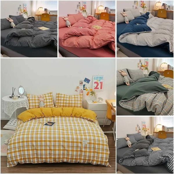 Complete set of pure cotton solid color checkered pure cotton bedding four piece bed sheet down duvet cover and two pillowcases M241005