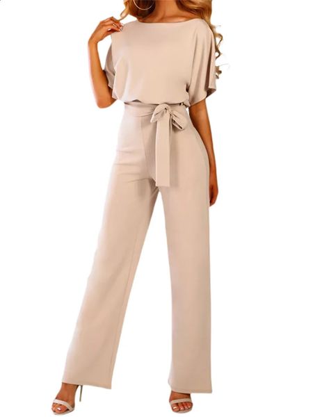 Women Jumpsuits Elegant Solid Color Flare Short Sleeve Waist Tie Wide Leg Pants Romper Summer Streetwear 250114