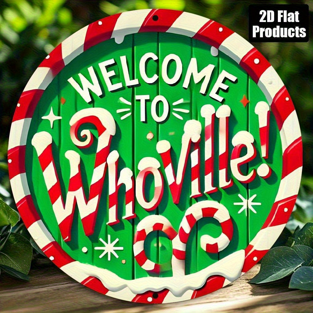 TEMU 2d Flat, 1pc Vintage Aluminum "welcome " Round Sign - Country Style Holiday Wall Decor With Candy Cane, Holly & Snowflakes, No Electricity