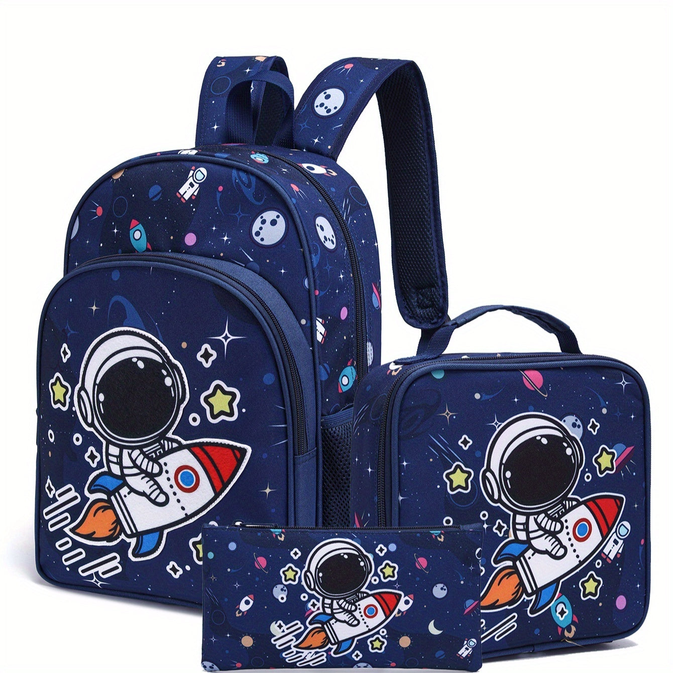TEMU Astronaut Backpack, Lunch Bag, And Pencil Case Set Of Three. Made Of Durable, Material. Lightweight, Large Capacity With Multiple Pockets.