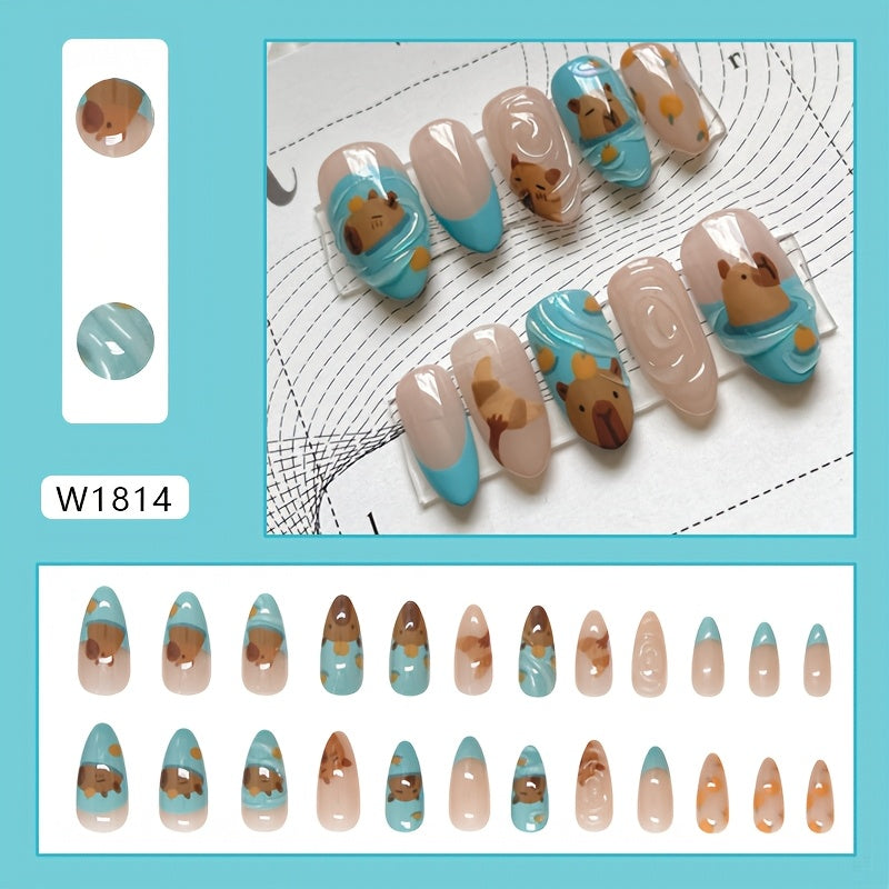 TEMU Mixed -shaped Press-on Nails With Animal Design, Medium Length Glossy False Nail Tips Set With Adhesive Tabs & Nail File - Cute 3d Animal French