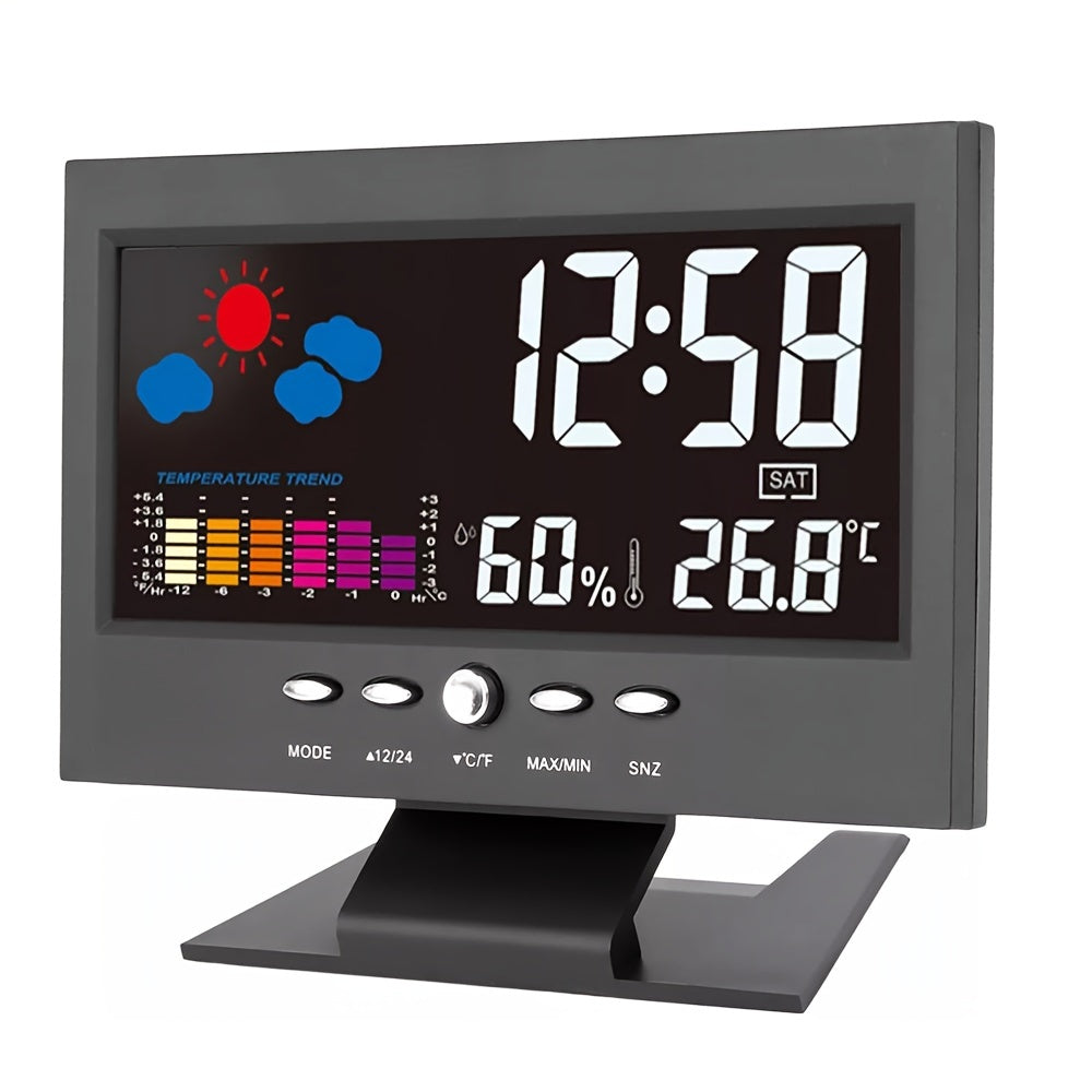 TEMU Digital Weather Alarm Clock, Voice Control Backlight, Temperature Humidity Calendar Display, Glass Material, Time & Weather Forecast, Desk Clock