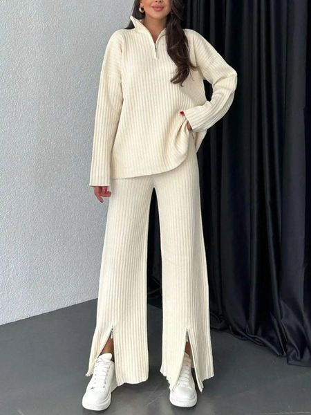Winter Women Zipper High Neck Ribbed Two Piece Set Casual Knit Pullover Sweater Warm Tops Waist Split Wide Leg Trousers 250108