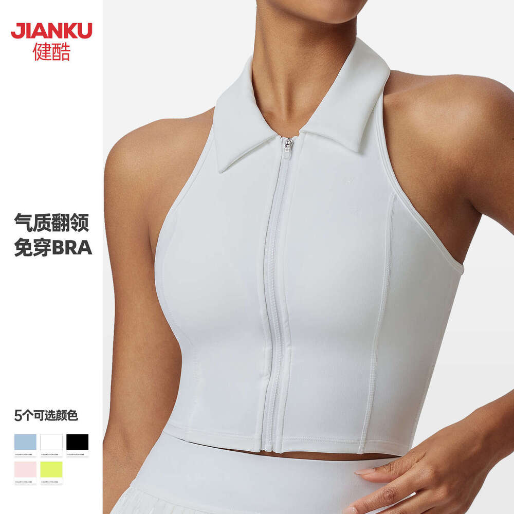 Women&#039;s Sports Top with Fixed Cup Pads, Stand Collar Yoga Shirt, High-End Feel, Outerwear Polo Golf T-Shirt a3