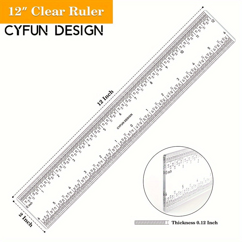 TEMU Design 6" & 12" Clear Acrylic Rulers, Multifunctional Zero-centering Hand Tools For Crafting, Card Making, Easy Measurements, Plastic Material
