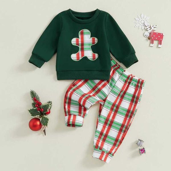 0-3 year baby boy childrens Christmas set gingerbread mens checkered pattern long sleeved sportswear elastic pants 2-piece baby set Y250111