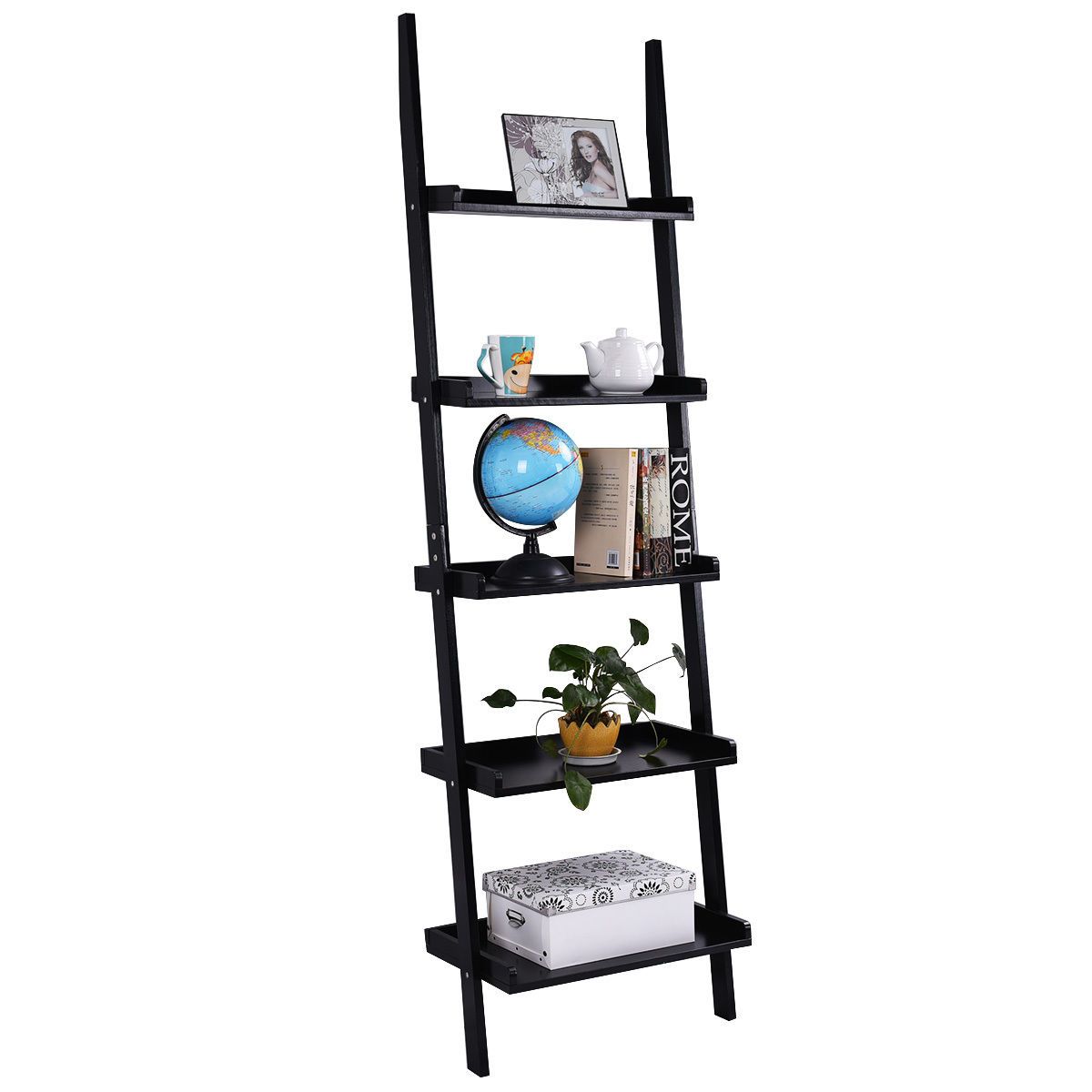 5-Tier Ladder Shelf with Open Shelves for Living Room and Home Office - Costway Versatile Black 5-Tier