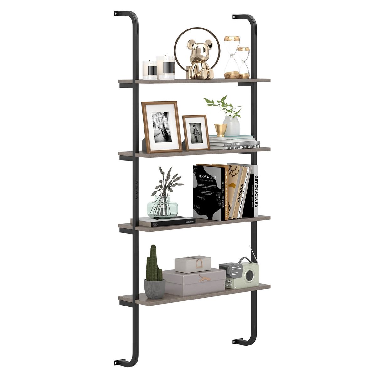 4-Tier Industrial Wall-Mounted Ladder Shelf  - Ladder Shelf-1PCS