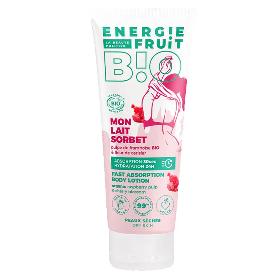 Energie Fruit Bio-Himbeer- und Kirschblüten-Sorbetmilch für trockene Haut, 200 ml