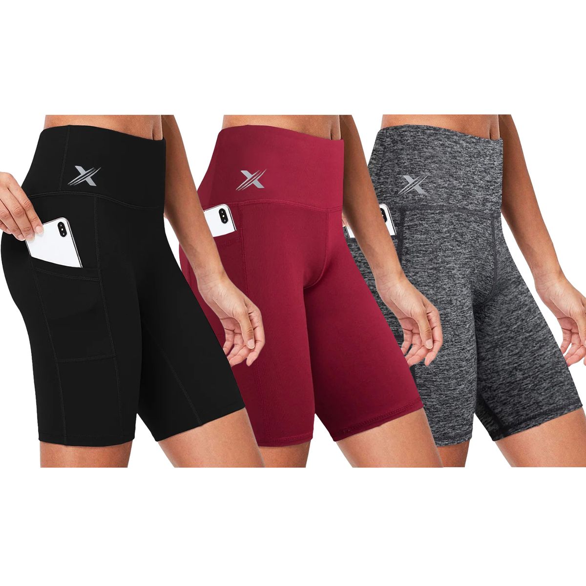 Women's High-Waist Breathable Yoga Shorts for Training (3-Pack) - Black-WineRed-Grey - XL