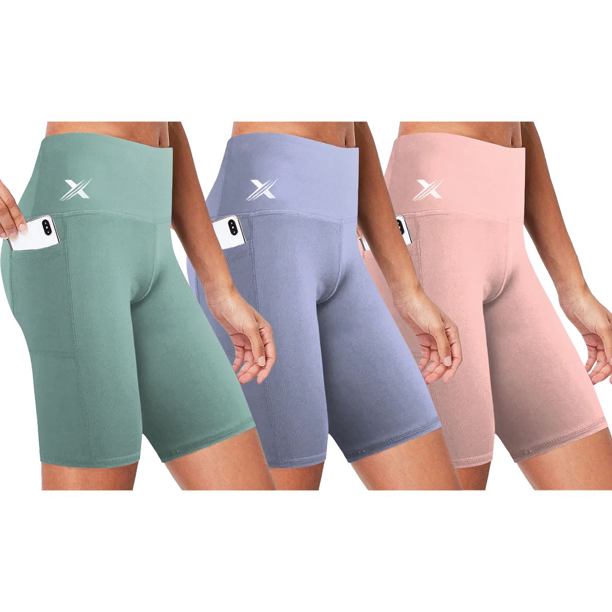 Women's High-Waist Breathable Yoga Shorts for Training (3-Pack) - Periwinkle-Cotton Candy-SeaFoam - XL