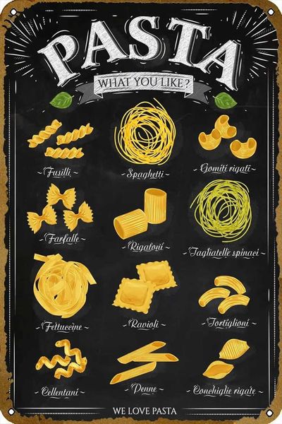 High Quality Pasta types Metal Tin Sign 12 X 8 Inches Retro Vintage Wall Decor Poster Plaque T250118