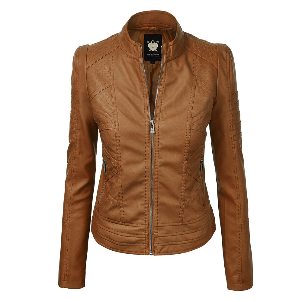 Womens Faux Leather Zip-up Moto Biker Jacket with Stitching Detail - Camel - XL