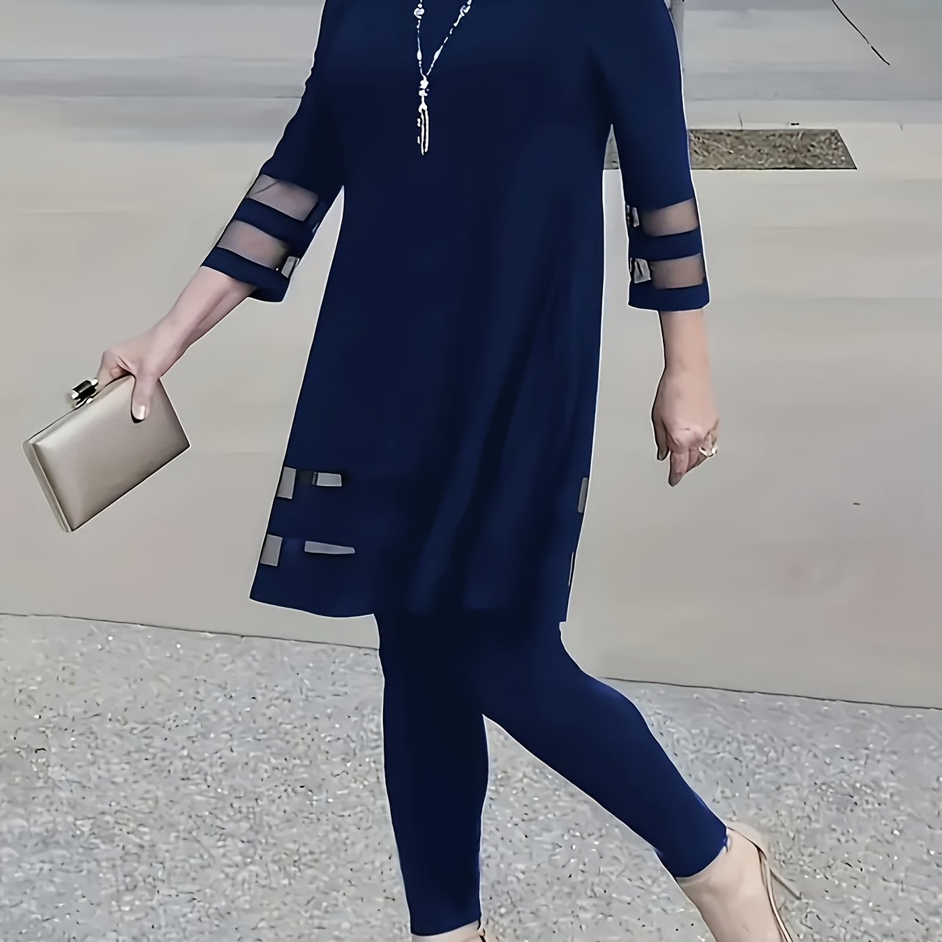 TEMU Women's Plus Size Two-piece Outfit - Navy Blue 3-4 Sleeve Top & Pants With Contrast Mesh Detail, Casual Polyester Ensemble For Casual Attire,