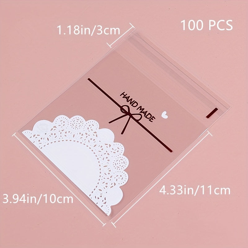 TEMU 100pcs Clear Lace Bowknot Printing Cookie Bags, Self-adhesive Bags, Handmade Tassel Candy Bags, Bag, Disposable Small Items Storage Packaging