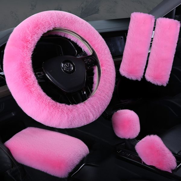 6pcs-set Plush Shoulder Pads Armrest Cushion Handbrake Shift Gear Pink Fluffy Fur Car Steering Wheel Cover Set