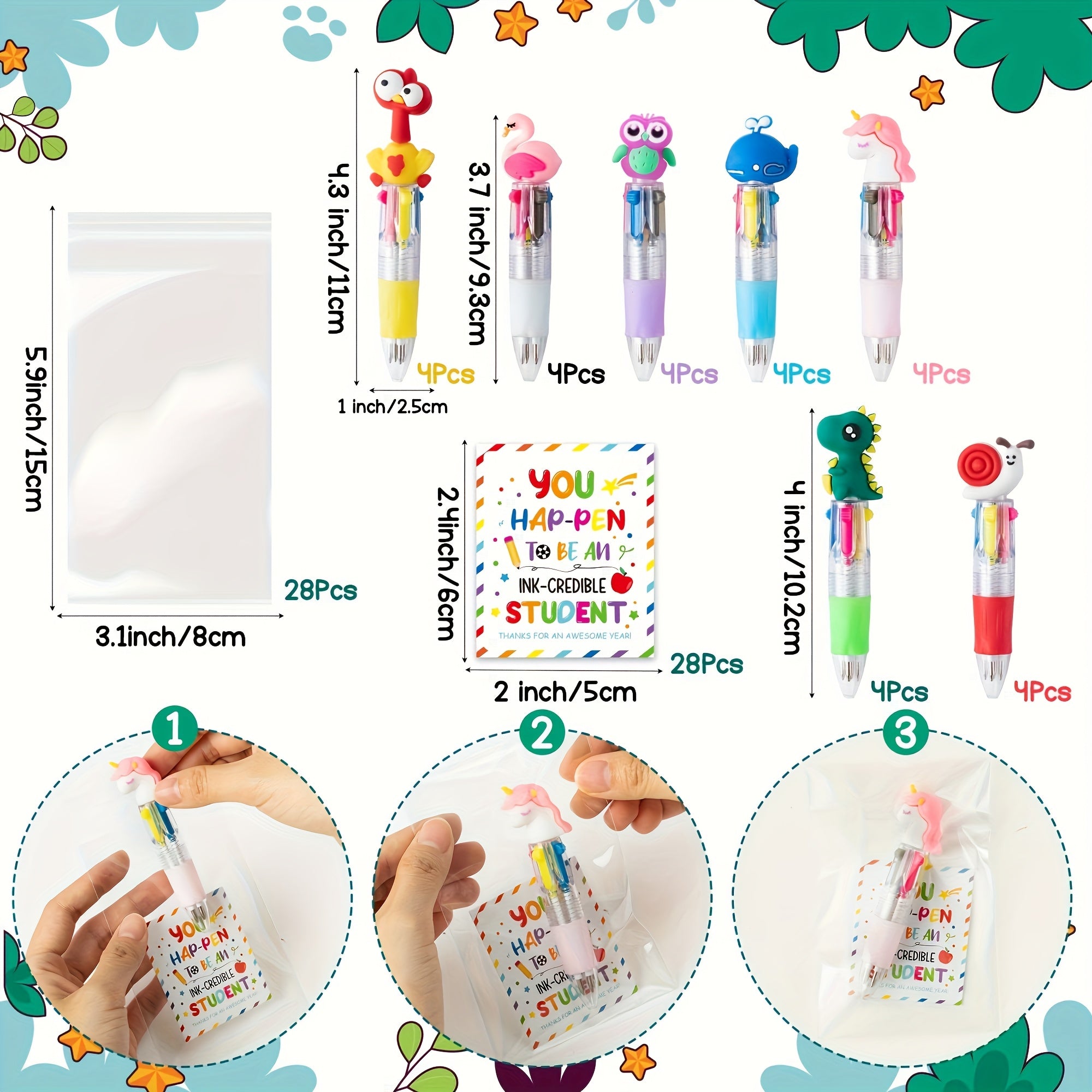 TEMU 84pcs-28sets End Of Year Student Gifts Cute Cartoon Multicolor Retractable Ballpoint Pens With Gift Cards, Suitable For School Party Gifts, And