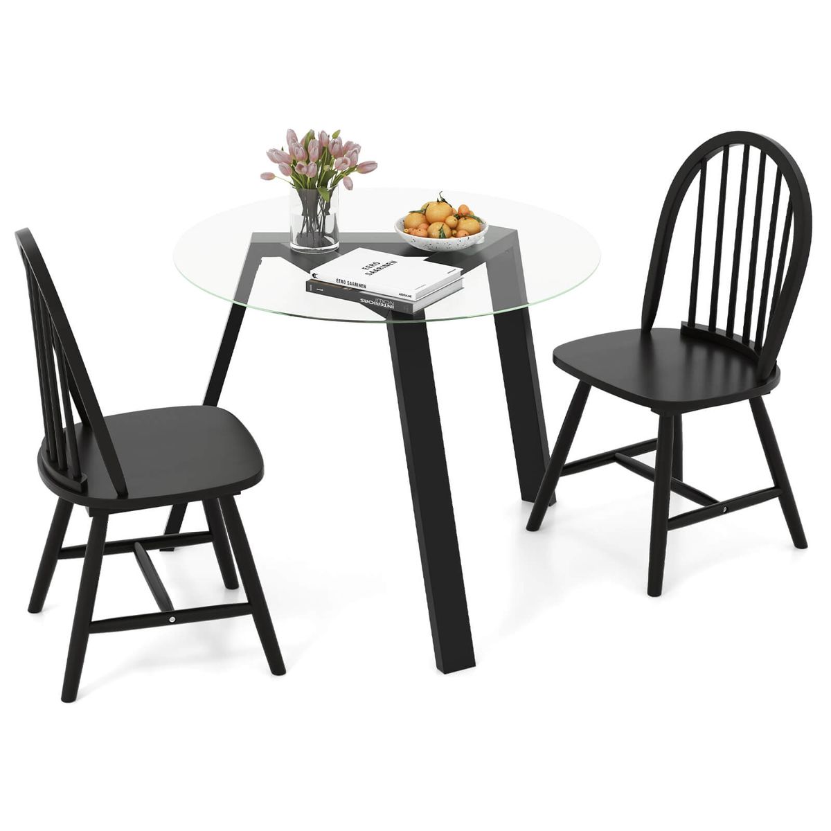 3-Piece Round Table Dining Set with Chairs - 3 PCS Dining Set -Black