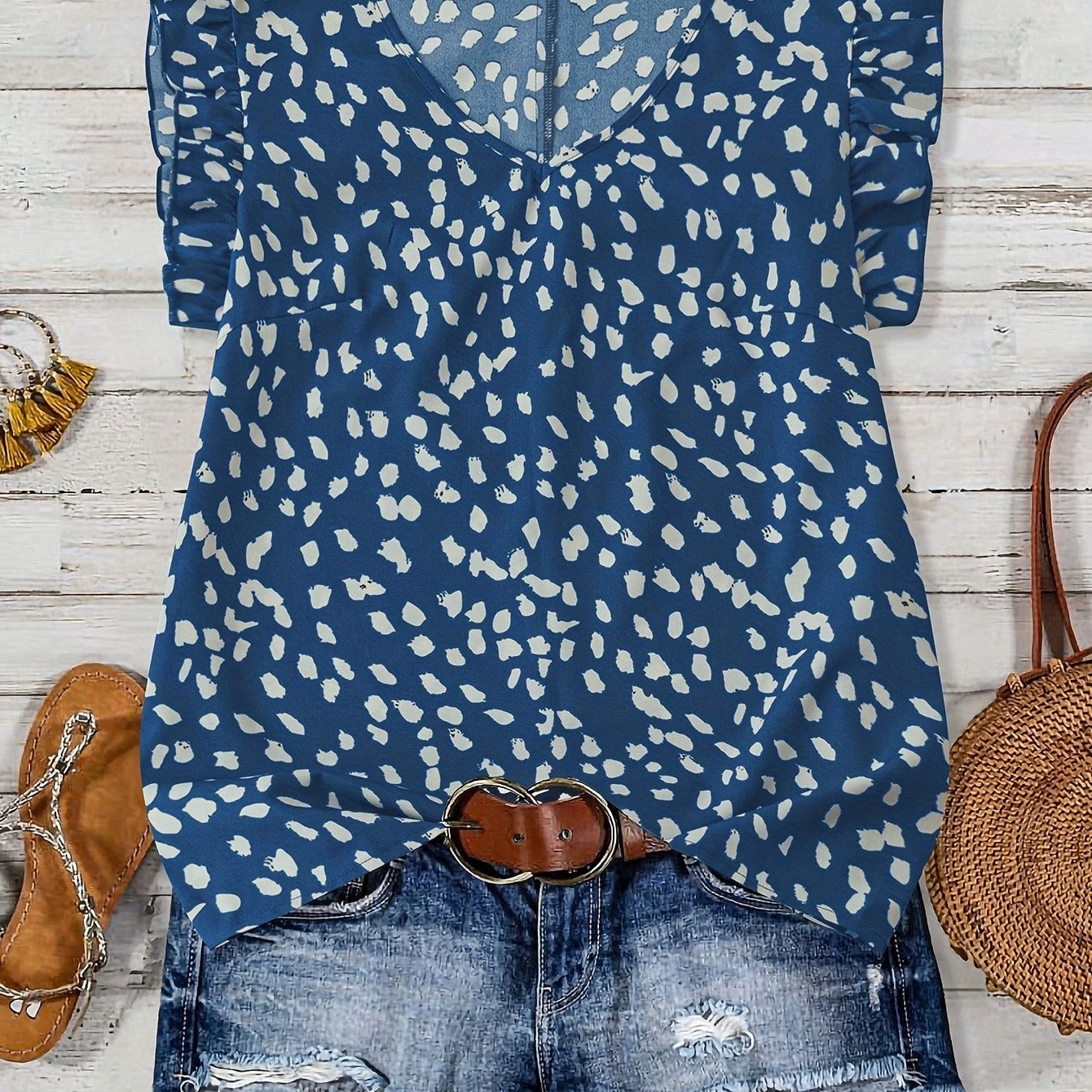 TEMU Women's Elegant V-neck Blouse With Heart Print, Short Sleeve, Button-up Top In Blue And White, Spring-summer, Casual Attire, Casual Attire|