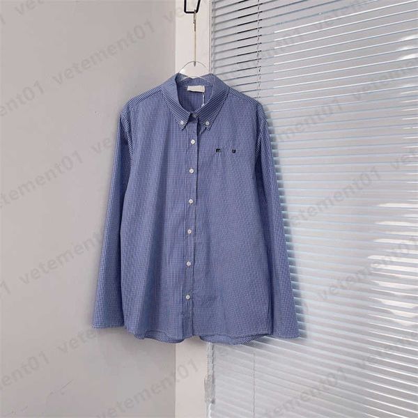Classic Long Sleeve Shirt Designer Tops Women Blouse Loose Fit Cropped Raw Edge Cuffs Exquisite Embroidery Fine Check Blue Plaid Shirts