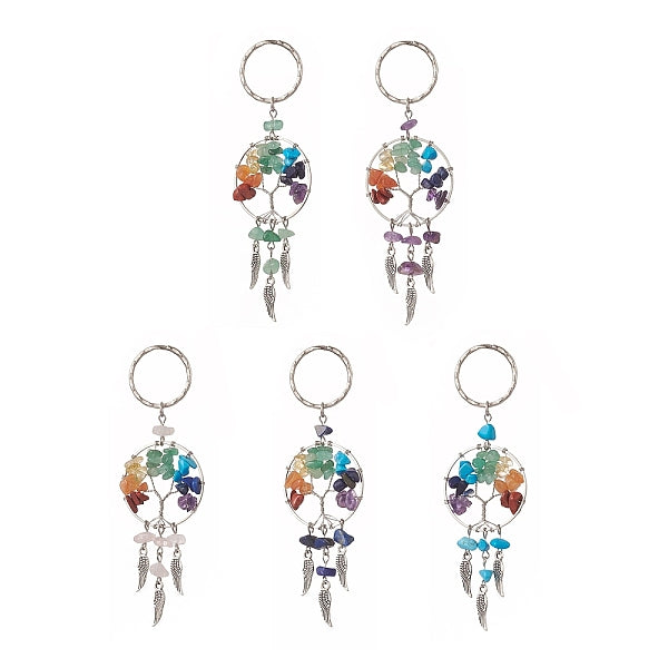 Natural & Synthetic Gemstone Chips Tree of Life with Alloy Wings Pendant Keychain