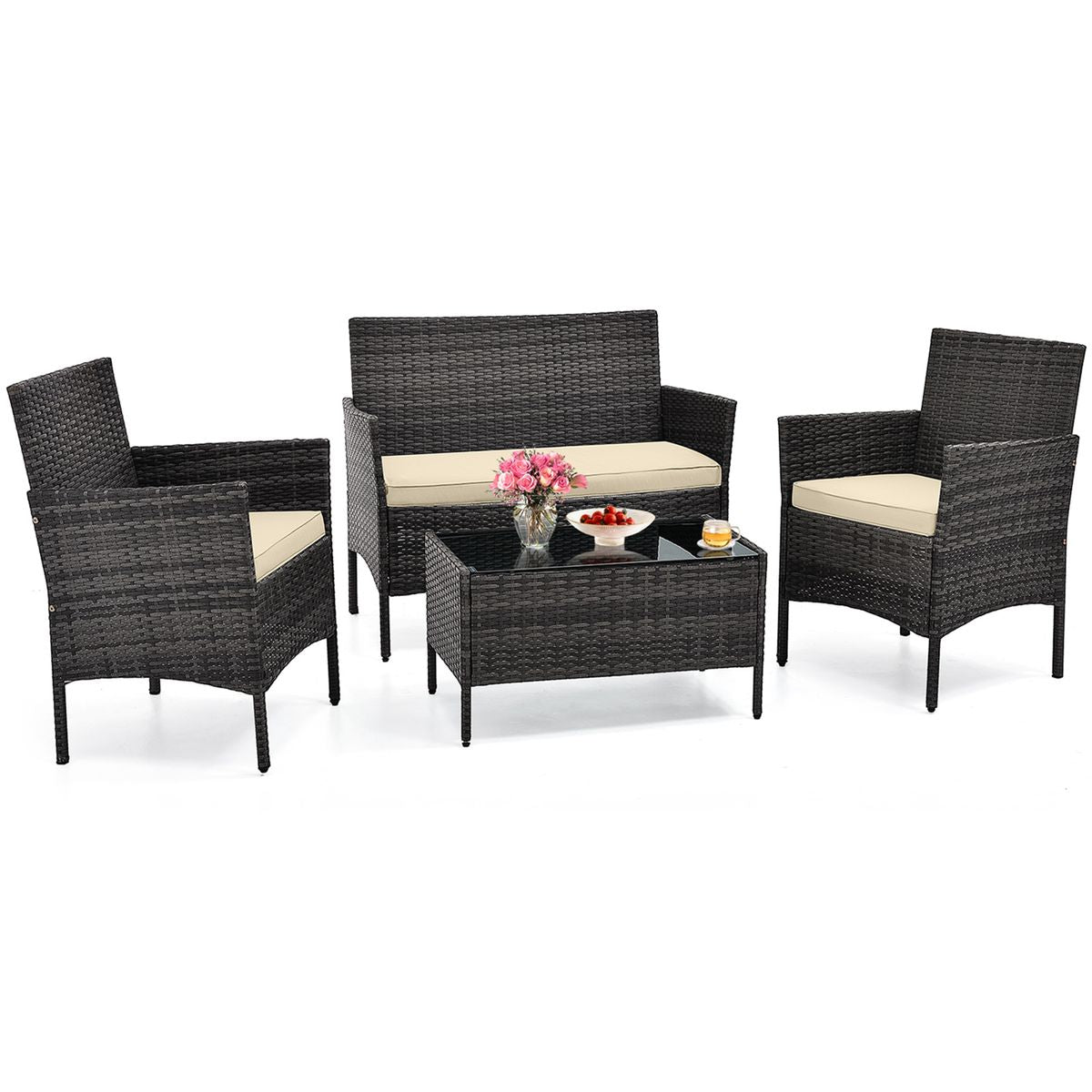 4-Piece Patio Rattan Conversation Set (8 Colors) - Patio Furniture Set-Beige