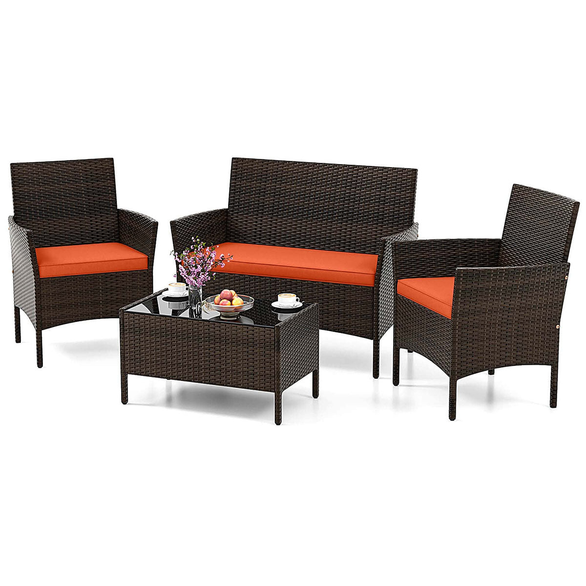 4-Piece Patio Rattan Conversation Set (8 Colors) - Patio Furniture Set-Orange
