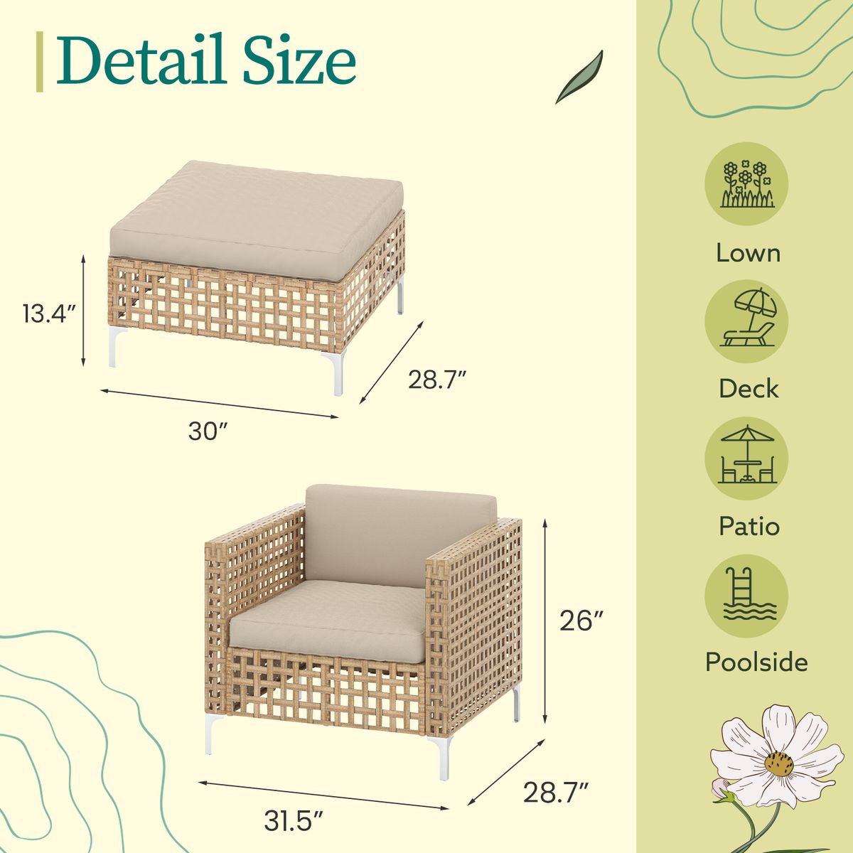 Outdoor Patio Conversation Sectional Furniture Set - Single Chair+Ottoman