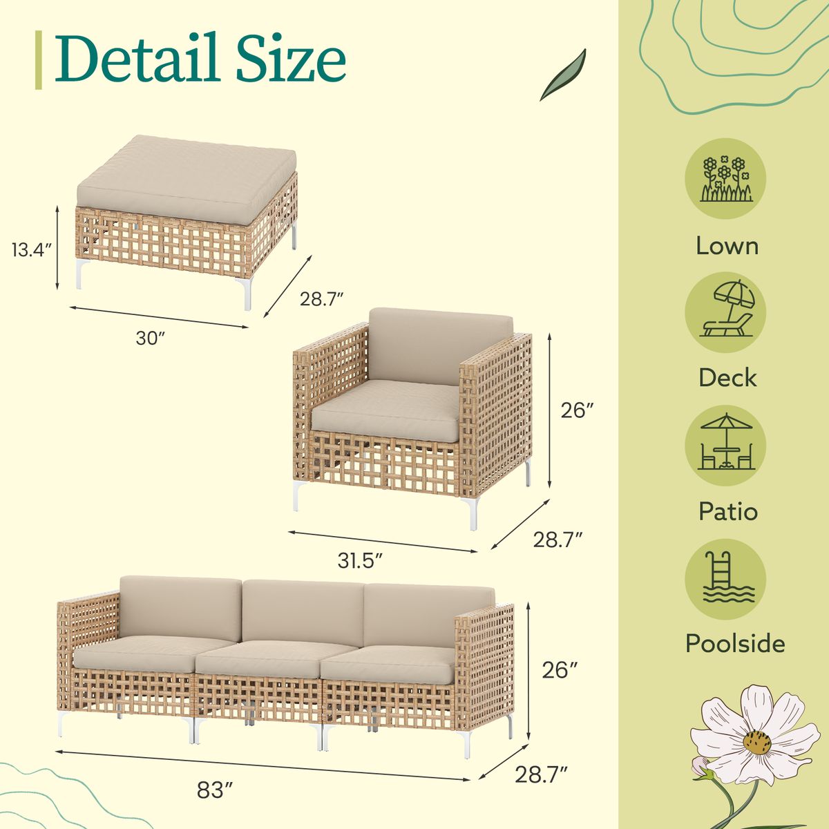 Outdoor Patio Conversation Sectional Furniture Set - Sofa+Single Chair+Ottoman