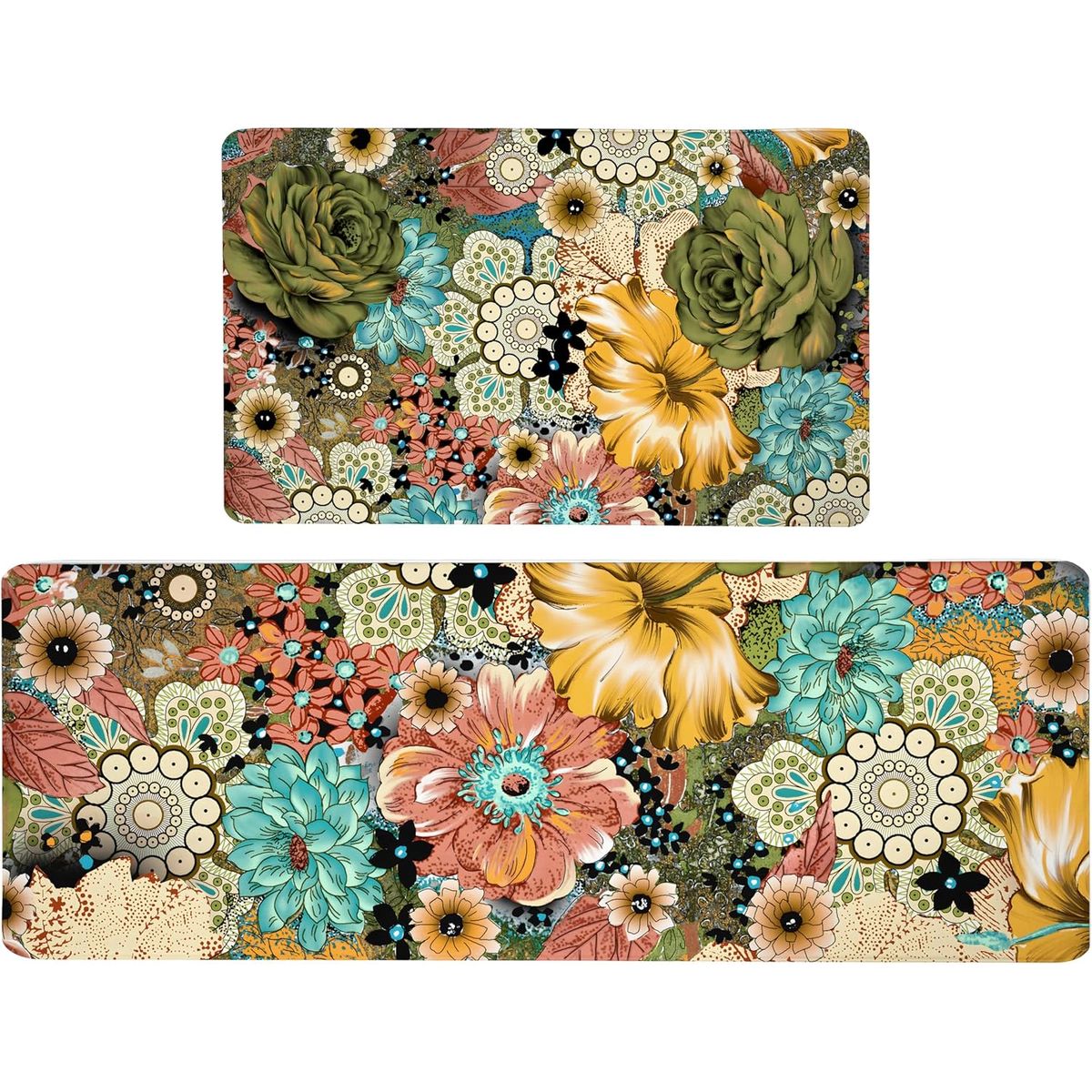 Boho Non-Slip Kitchen Floor Mats (Set of 2) - Floral Blue