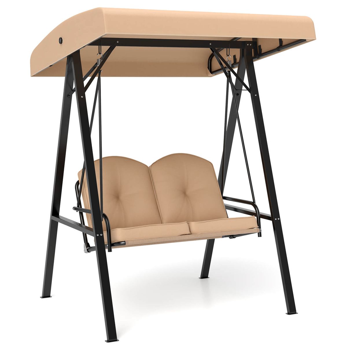 2-Person Outdoor Porch Swing with A-Shaped Metal Frame - Porch Swing-Beige