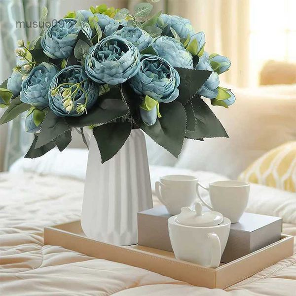 Vases 30cm Artificial Flowers Rose Bouquet 5 Big Head and 4 Bud Cheap Fake Flowers for Home Wedding Decoration Indoor Vase Home DecorL24