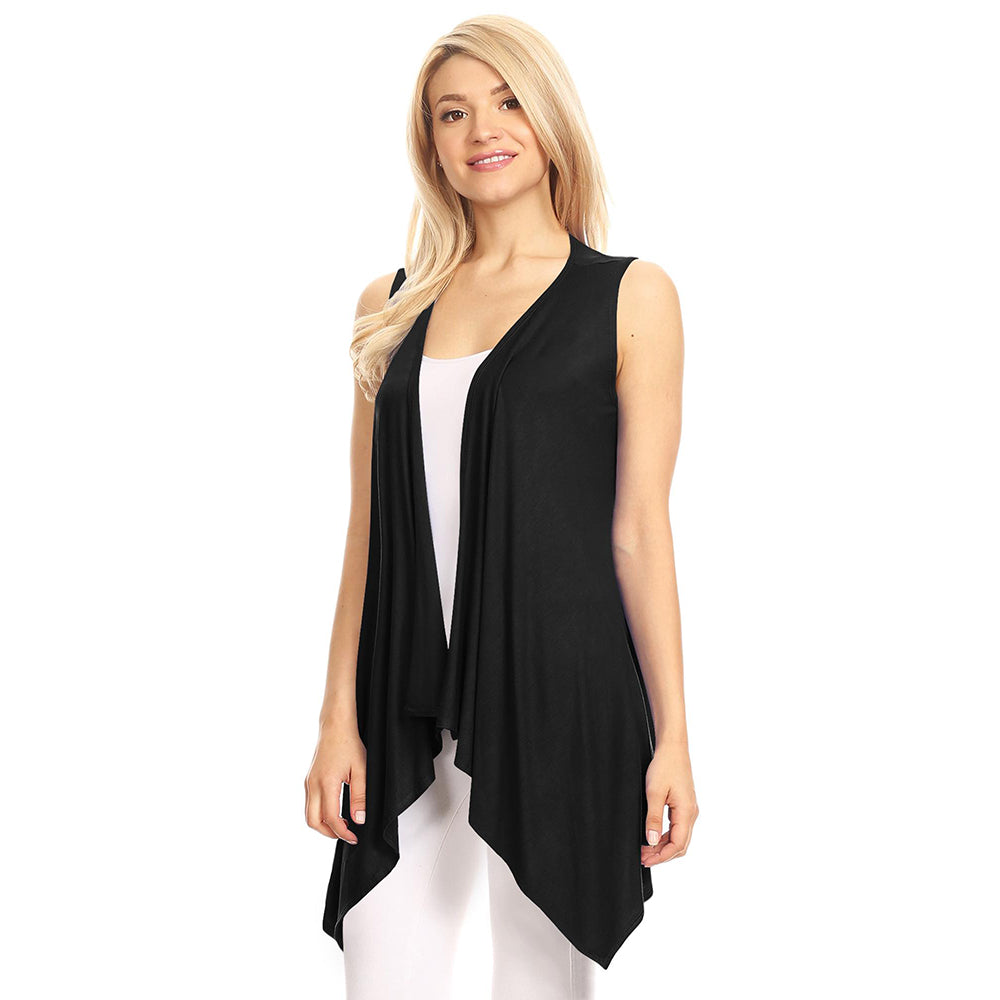 Women's Lightweight Sleeveless Solid Open-Front Drape Vest Cardigan - Black - Large