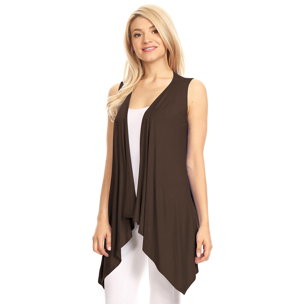 Women's Lightweight Sleeveless Solid Open-Front Drape Vest Cardigan - Brown - XL