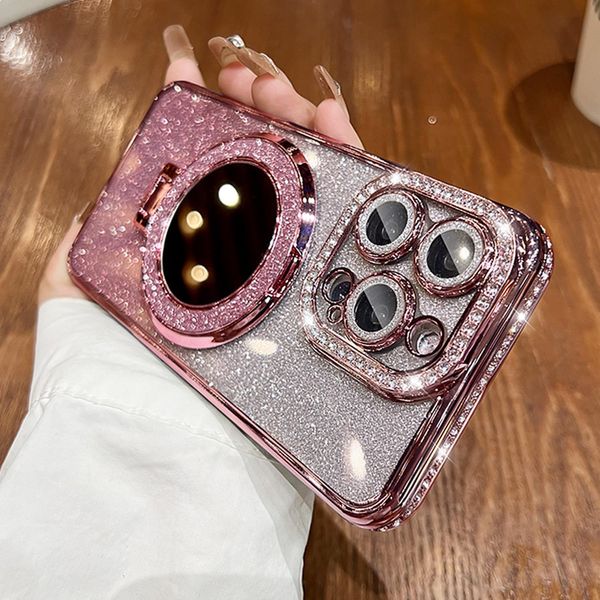 Luxury Glitter Bling Diamond Magnetic For Magsafe Wireless Charging Folding Grip Mount Stand Make Up Mirror Bracket Case For iPhone 16 15 Pr