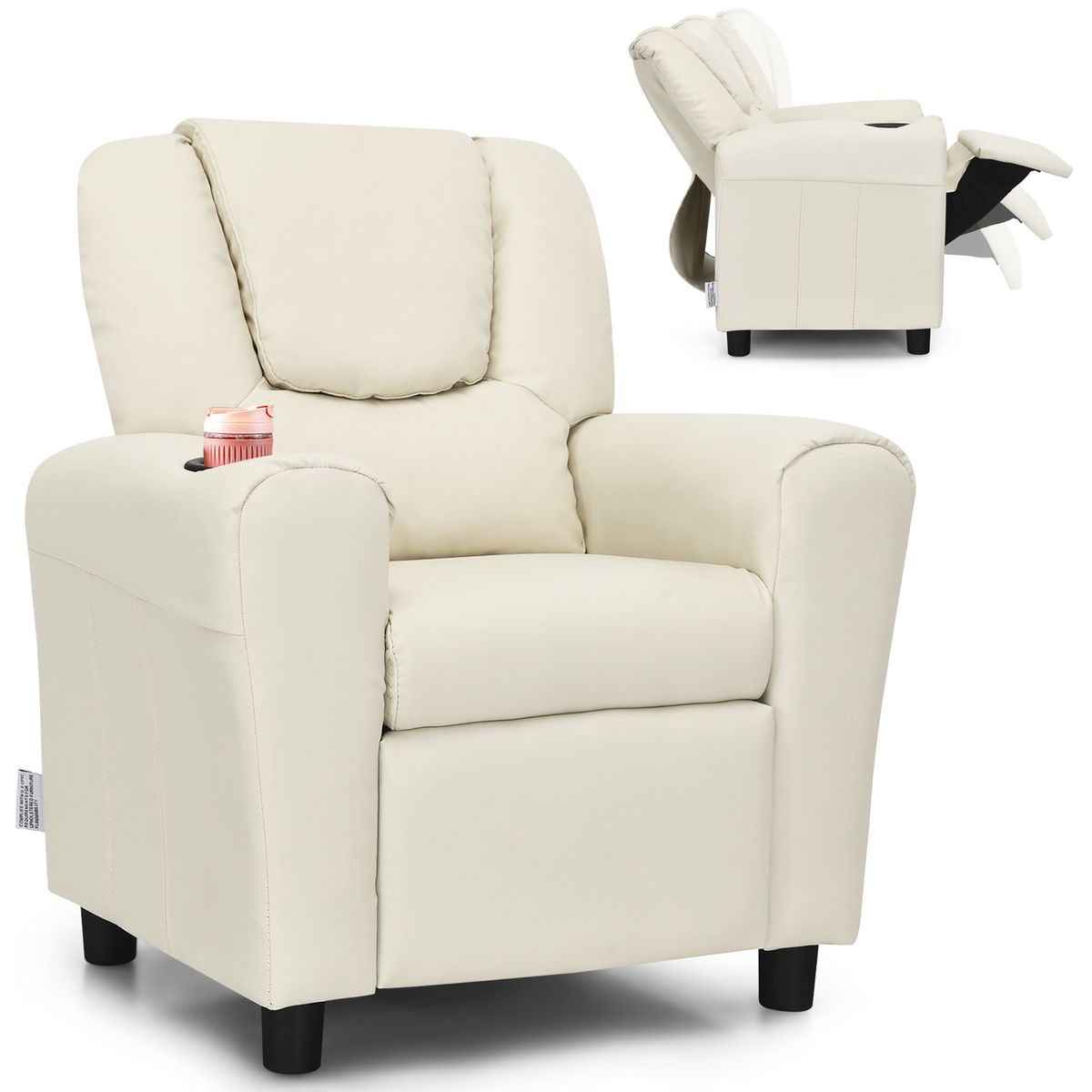 Kids' PU Leather Recliner Chair with Cup Holders - Kids Sofa SA