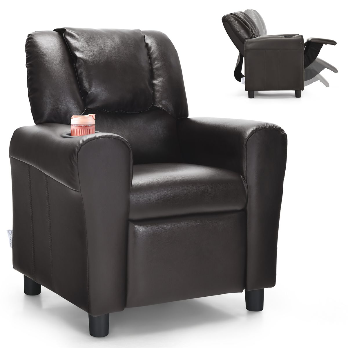 Kids' PU Leather Recliner Chair with Cup Holders - Kids Sofa CF