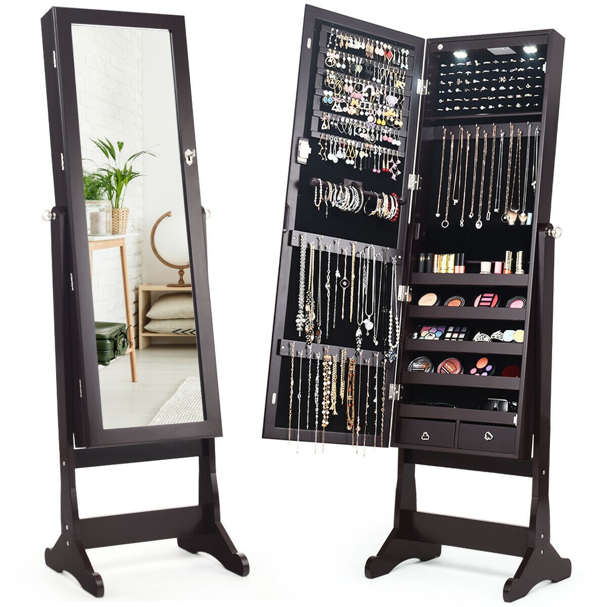 Lockable Mirrored Jewelry Cabinet Armoire Organizer - Costway Mirrored Jewelry Cabinet-Brown