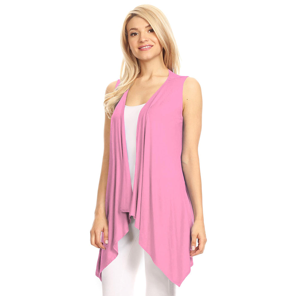 Women's Lightweight Sleeveless Solid Open-Front Drape Vest Cardigan - Pink - 3XL