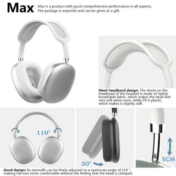 P9 MAX Cell Phone Earphones Wireless Earphones Bluetooth Headphones Stereo HIFI Super Bass Headset Chip HD MIC Air50 MAX Air3 Air4 MAX Air P