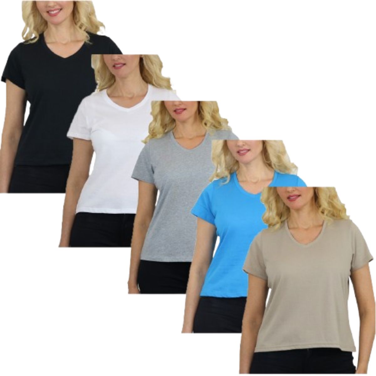 Women’s Relaxed Fit V-Neck Short Sleeve Tee (5-Pack) - LVT-100 - BK-WH-HG-MV-AQ - XL