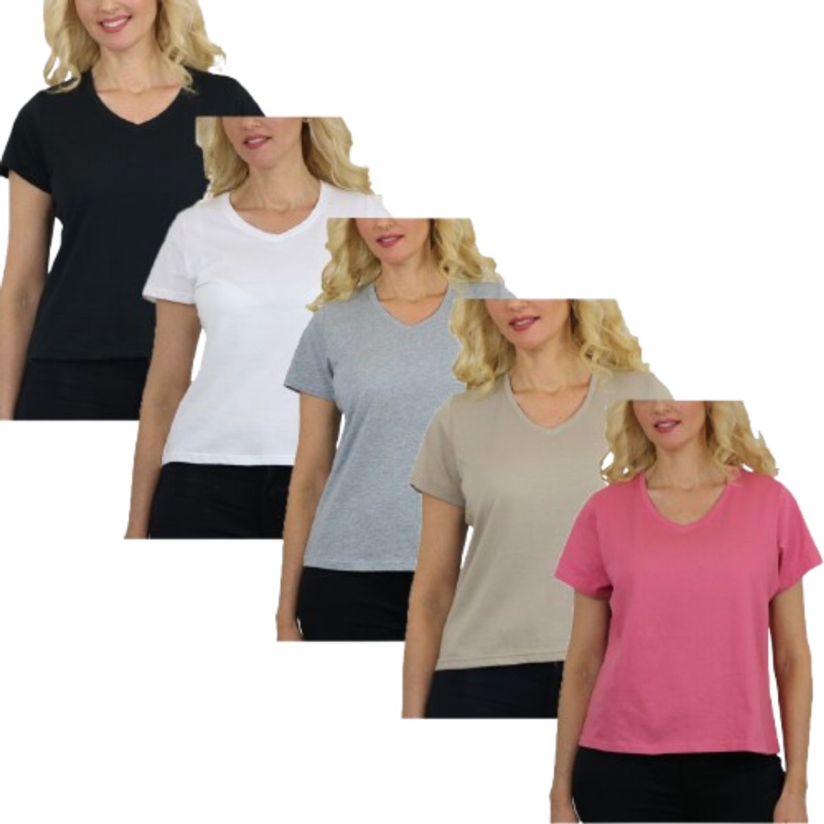 Women’s Relaxed Fit V-Neck Short Sleeve Tee (5-Pack) - LVT-100 - BK-WH-HG-MV-BP - M