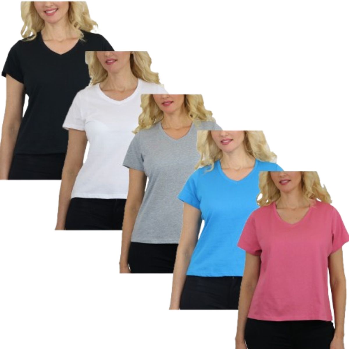 Women’s Relaxed Fit V-Neck Short Sleeve Tee (5-Pack) - LVT-100 - BK-WH-HG-AQ-BP - XL