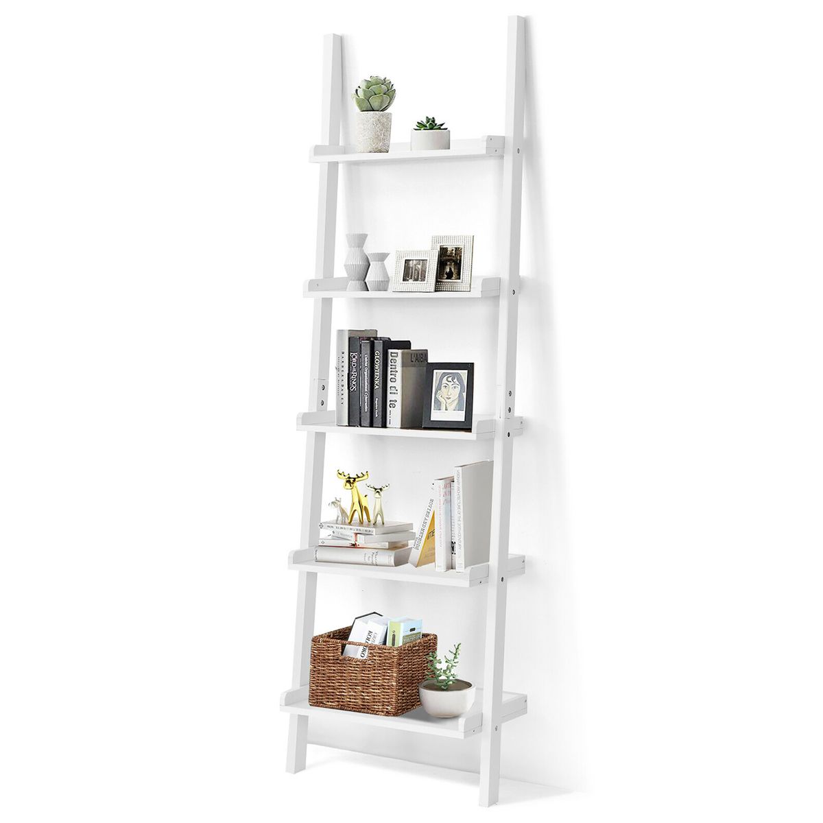 5-Tier Leaning Wall Ladder Shelf  - Costway Versatile White 5-Tier