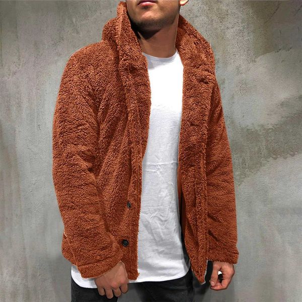 Mens Solid Color Coat Warm Faux Fur Winter Casual Loose Button Down Plush Hoodie Fluffy Fleece Fur Jacket Hoodies Coat OuterwearXJ241017